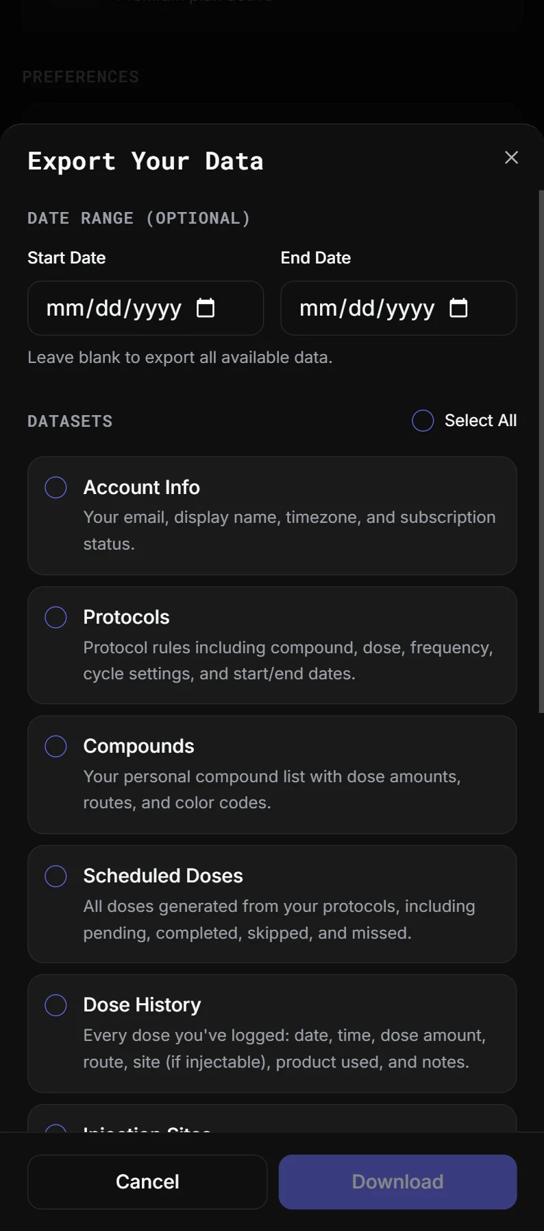 Enuwon's export screen: pick a date range or leave it blank for everything, then choose datasets such as protocols, scheduled doses, and dose history.
