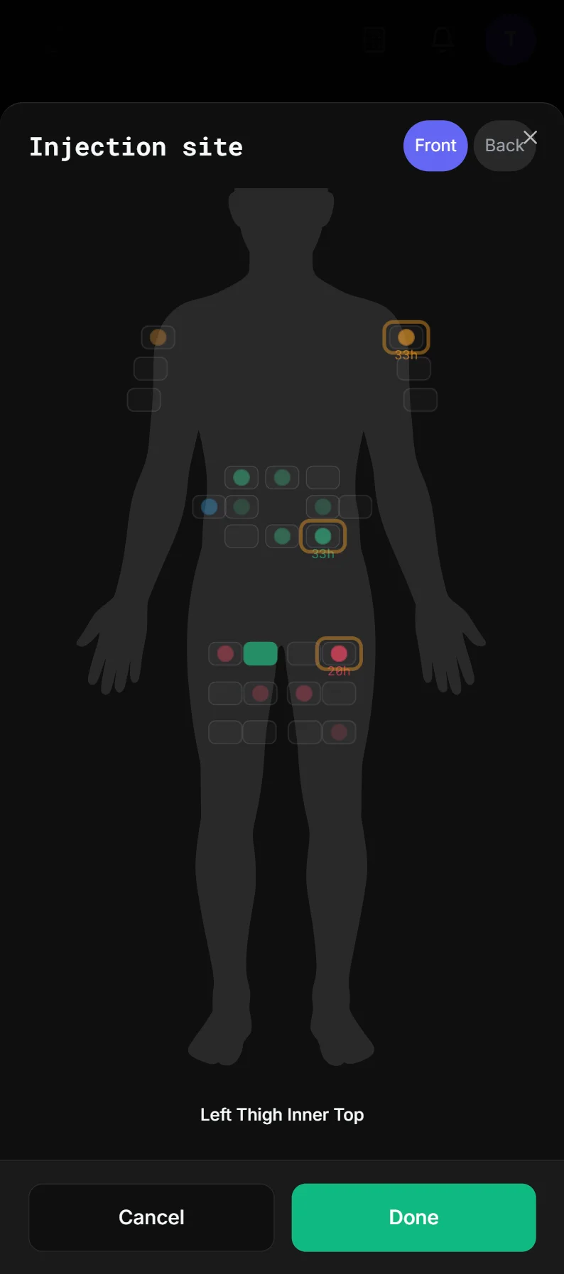 Choosing an injection site on Enuwon's body map, with recently used sites marked by the hours since they were last used.