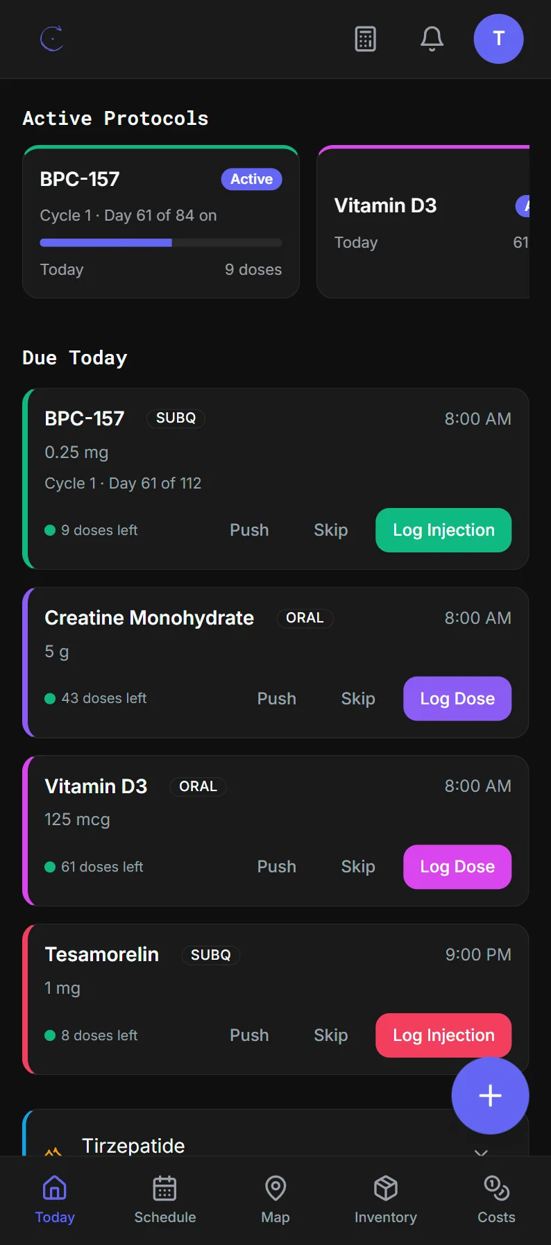 Enuwon's Today view listing the day's scheduled doses, each compound in its own color.