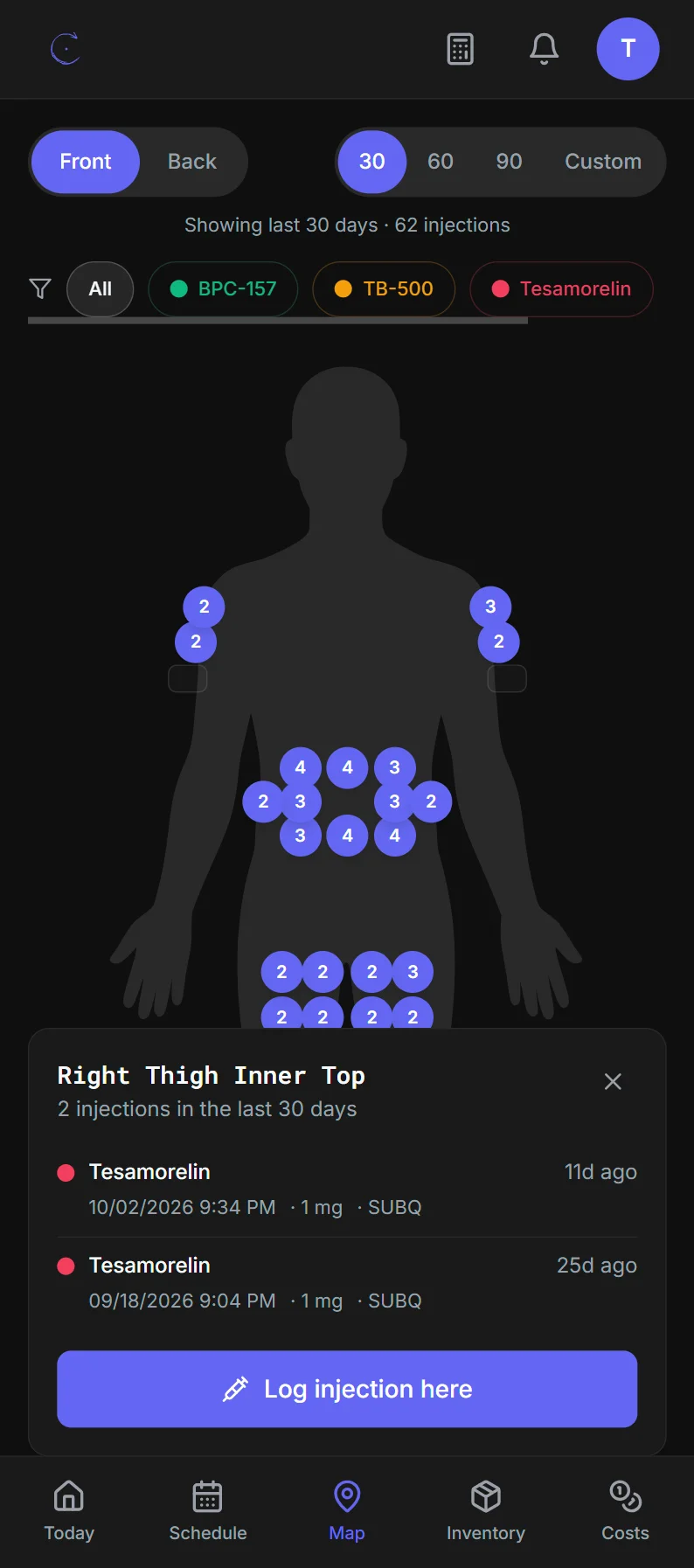 Enuwon's body map with the number of injections at each site over the last 30 days, and one site's history open.