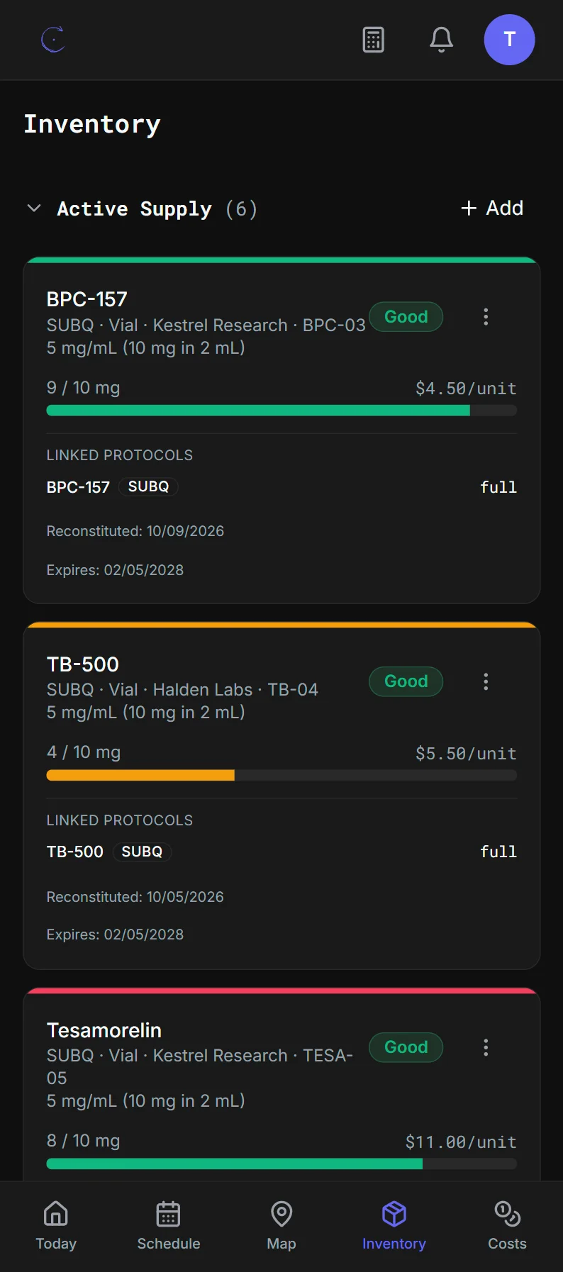 Enuwon's active supply: each open vial with its concentration, amount left, cost per unit, and expiry.
