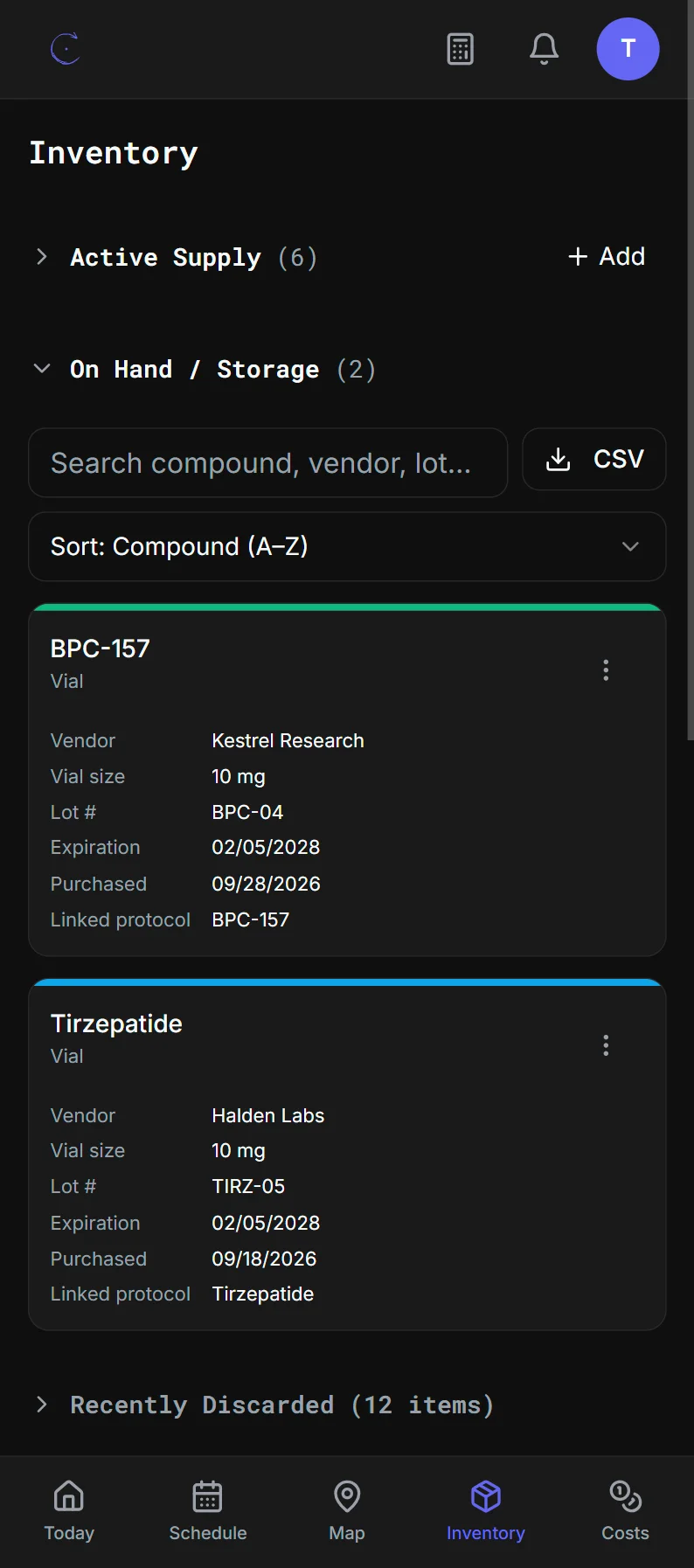 Enuwon's on-hand supply: sealed vials in storage with vendor, lot, expiry, and purchase date.