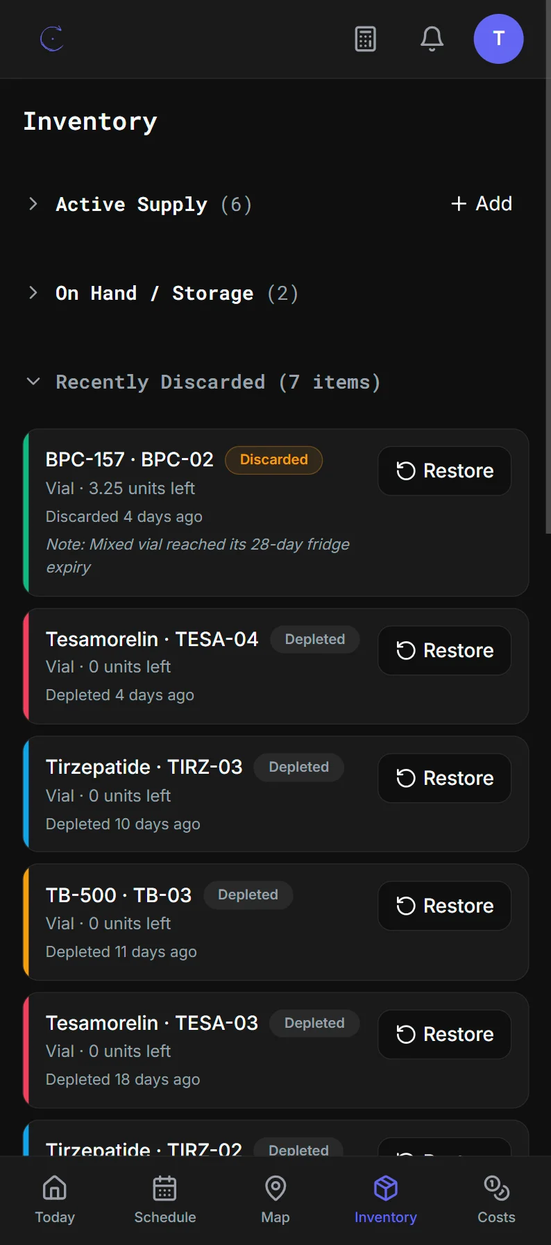 Enuwon's recently discarded supply: expired vials with the amount left and the reason, and finished vials, each restorable.